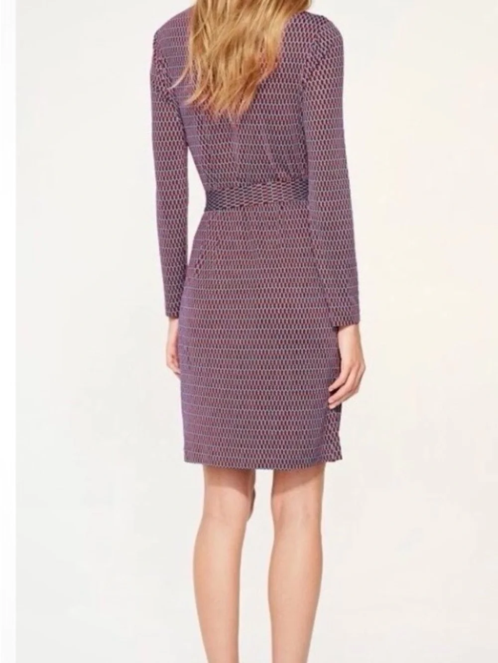 Tory Burch Sz S Long-Sleeve Red Navy Patterned Belted Sheath Dress NO Belt